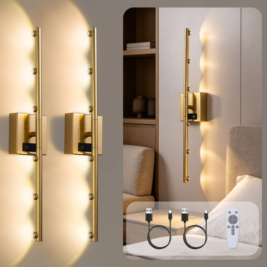 2 Pcs Dimmable 3000K-6000K Magnetic 360° Rotate Rechargeable  Gold Battery Operated LED Wall Sconces light Set with Remote Control for Living Room,Bedroom,Hallway
