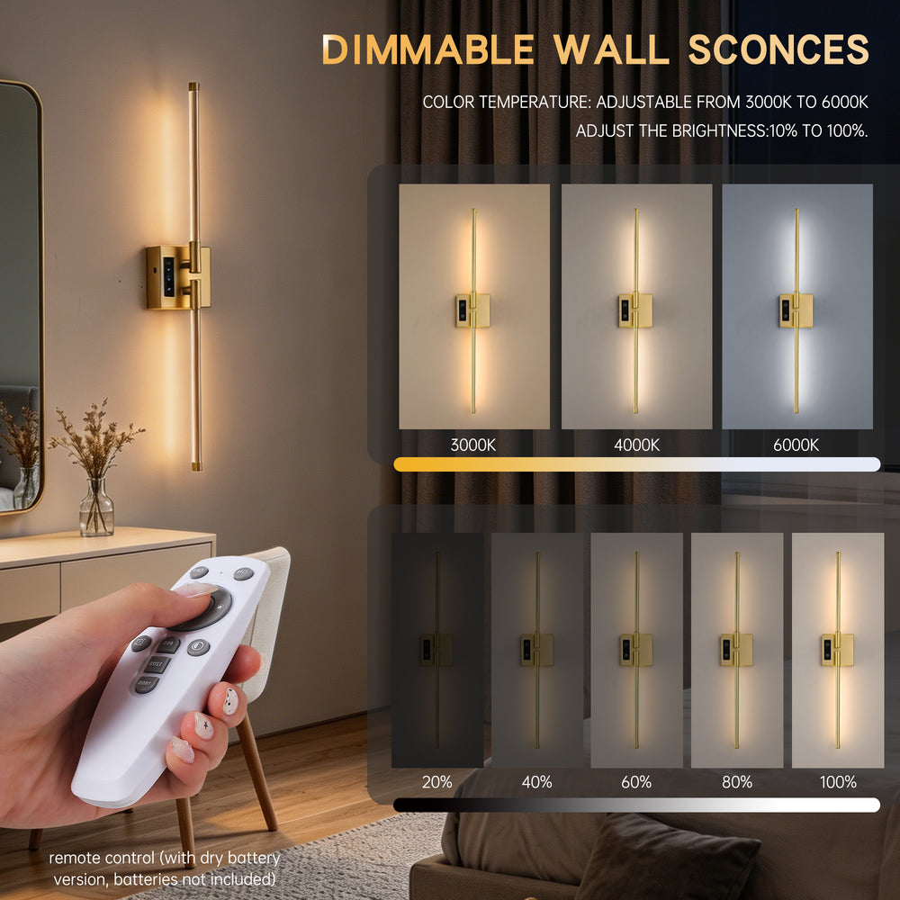 2 PCS Battery Operated Wall Sconce of 2,Dimmable 3000K-6000K Magnetic 360° DIY Rotate Rechargeable LED Wall Lamp with Remote,Cordless Night Light Decor Light for Hallway, Living Room,Bedroom,Gold