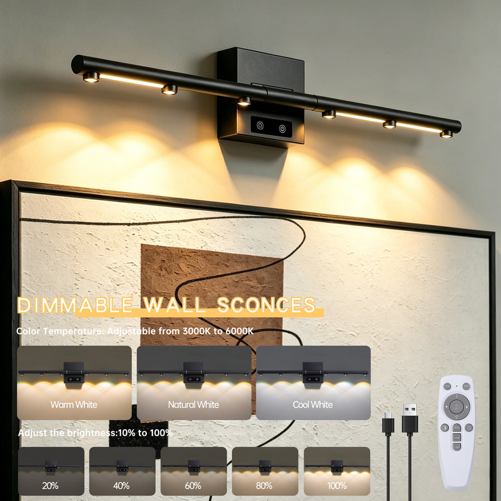 2 pcs Black Rechargeable Battery Operated Wall Sconces light Set with Remote Control Dimmable 3000K-6000K Magnetic 360° Rotate LED Wall Lights/Picture Lamp/Night Light for Living Room,Bedroom,Hallway