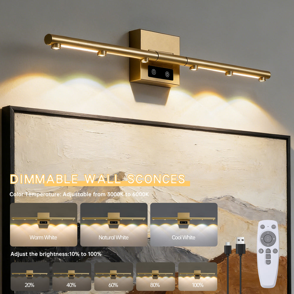 2 Pcs Dimmable 3000K-6000K Magnetic 360° Rotate Rechargeable  Gold Battery Operated LED Wall Sconces light Set with Remote Control for Living Room,Bedroom,Hallway