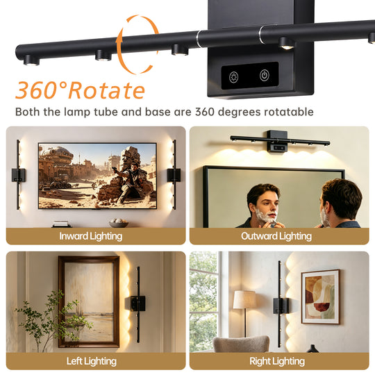 2 pcs Black Rechargeable Battery Operated Wall Sconces light Set with Remote Control Dimmable 3000K-6000K Magnetic 360° Rotate LED Wall Lights/Picture Lamp/Night Light for Living Room,Bedroom,Hallway
