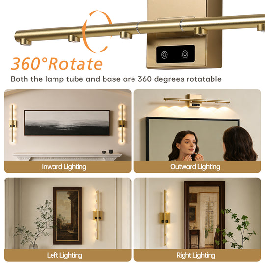 2 Pcs Dimmable 3000K-6000K Magnetic 360° Rotate Rechargeable  Gold Battery Operated LED Wall Sconces light Set with Remote Control for Living Room,Bedroom,Hallway