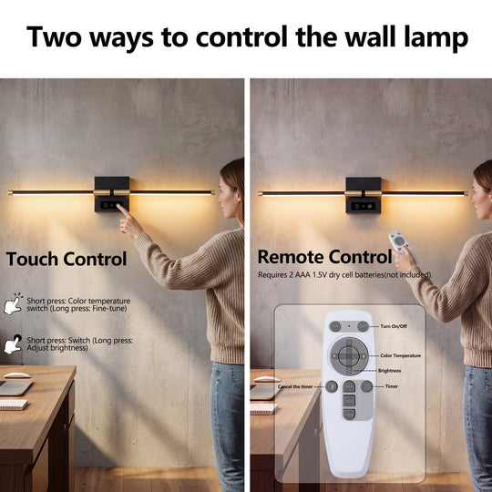 2 Pcs Black Dimmable 3000K-6000K Magnetic 360° DIY Rotate Rechargeable Battery OperatedLED Wall Lamp with Remote,Cordless Night Light Decor Light for Hallway, Living Room,Bedroom