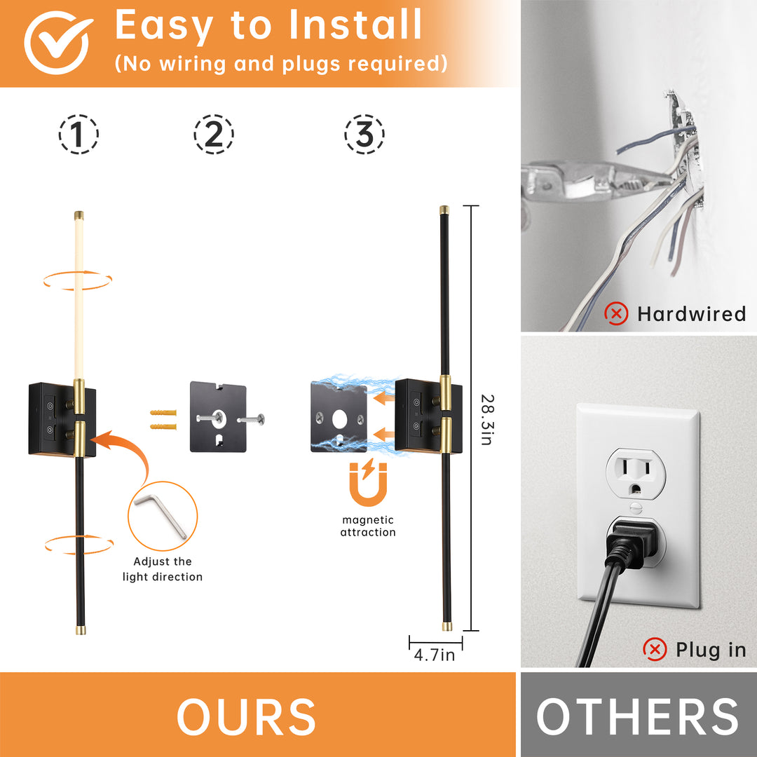 2 Pcs Black Dimmable 3000K-6000K Magnetic 360° DIY Rotate Rechargeable Battery OperatedLED Wall Lamp with Remote,Cordless Night Light Decor Light for Hallway, Living Room,Bedroom