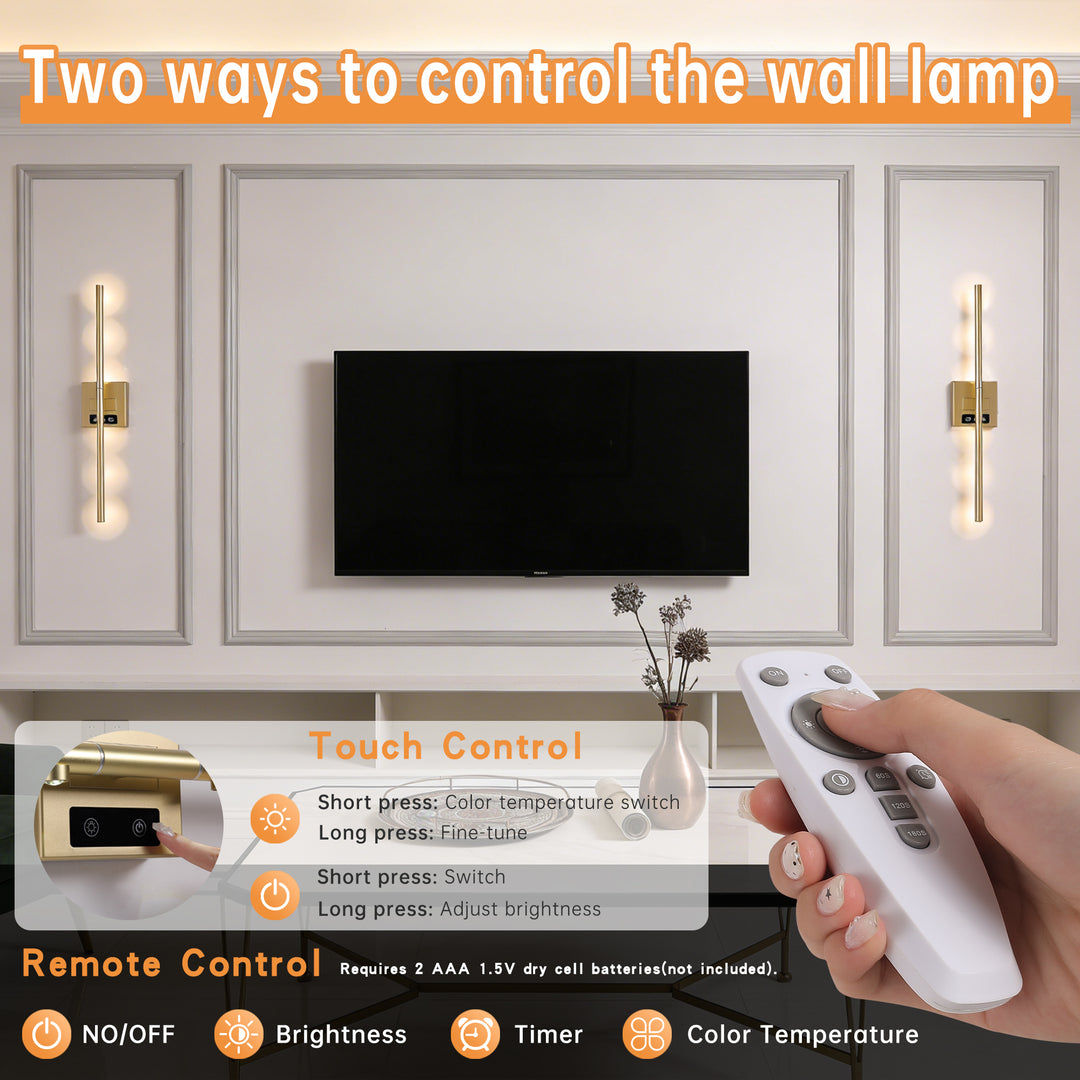 2 Pcs Dimmable 3000K-6000K Magnetic 360° Rotate Rechargeable  Gold Battery Operated LED Wall Sconces light Set with Remote Control for Living Room,Bedroom,Hallway