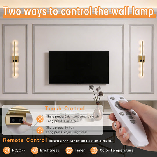 2 Pcs Dimmable 3000K-6000K Magnetic 360° Rotate Rechargeable  Gold Battery Operated LED Wall Sconces light Set with Remote Control for Living Room,Bedroom,Hallway