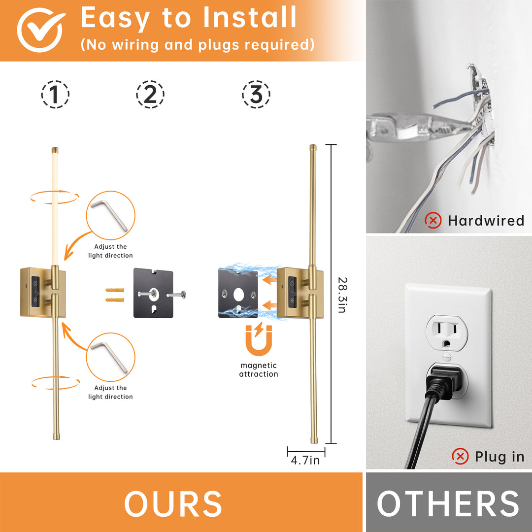 2 PCS Battery Operated Wall Sconce of 2,Dimmable 3000K-6000K Magnetic 360° DIY Rotate Rechargeable LED Wall Lamp with Remote,Cordless Night Light Decor Light for Hallway, Living Room,Bedroom,Gold