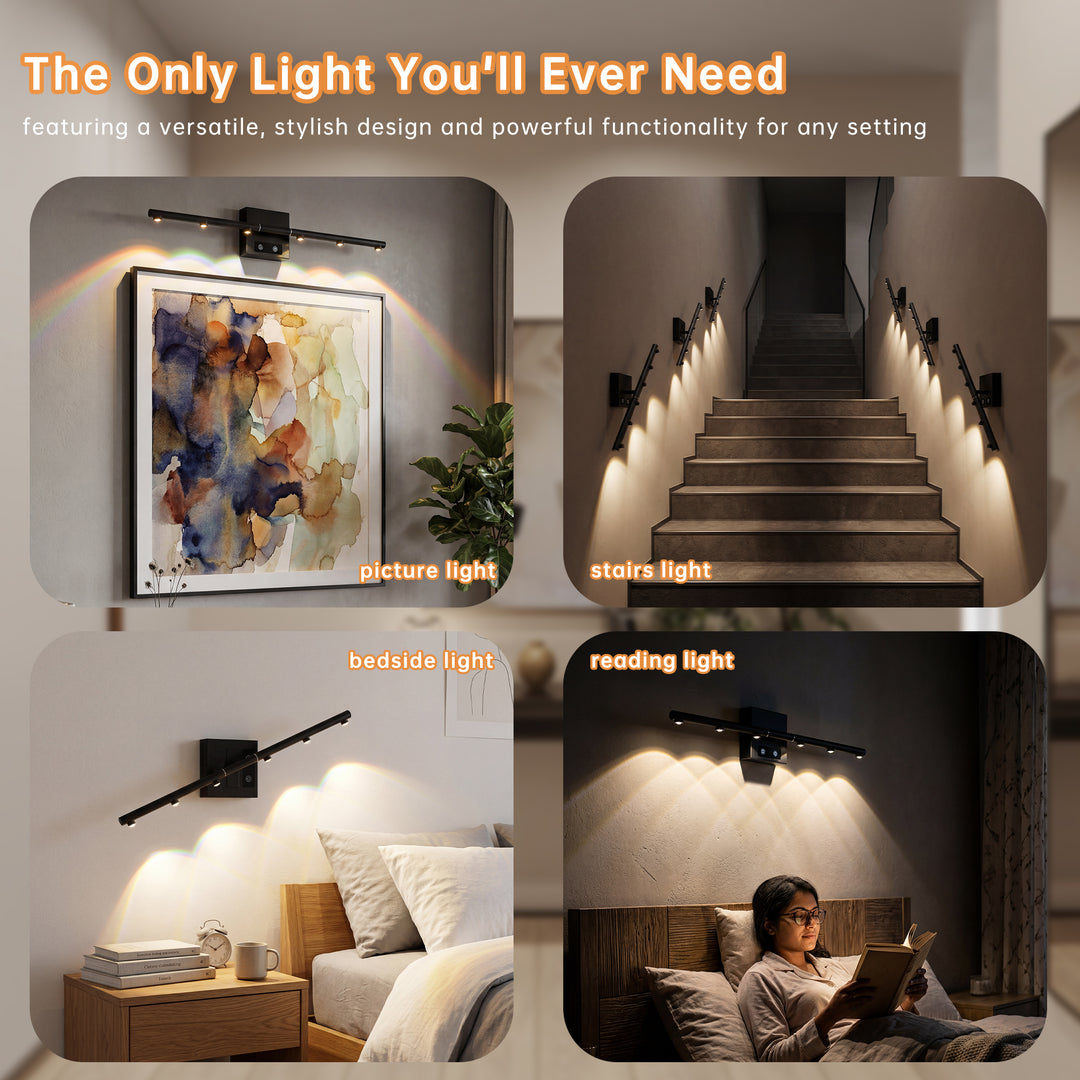 2 pcs Black Rechargeable Battery Operated Wall Sconces light Set with Remote Control Dimmable 3000K-6000K Magnetic 360° Rotate LED Wall Lights/Picture Lamp/Night Light for Living Room,Bedroom,Hallway