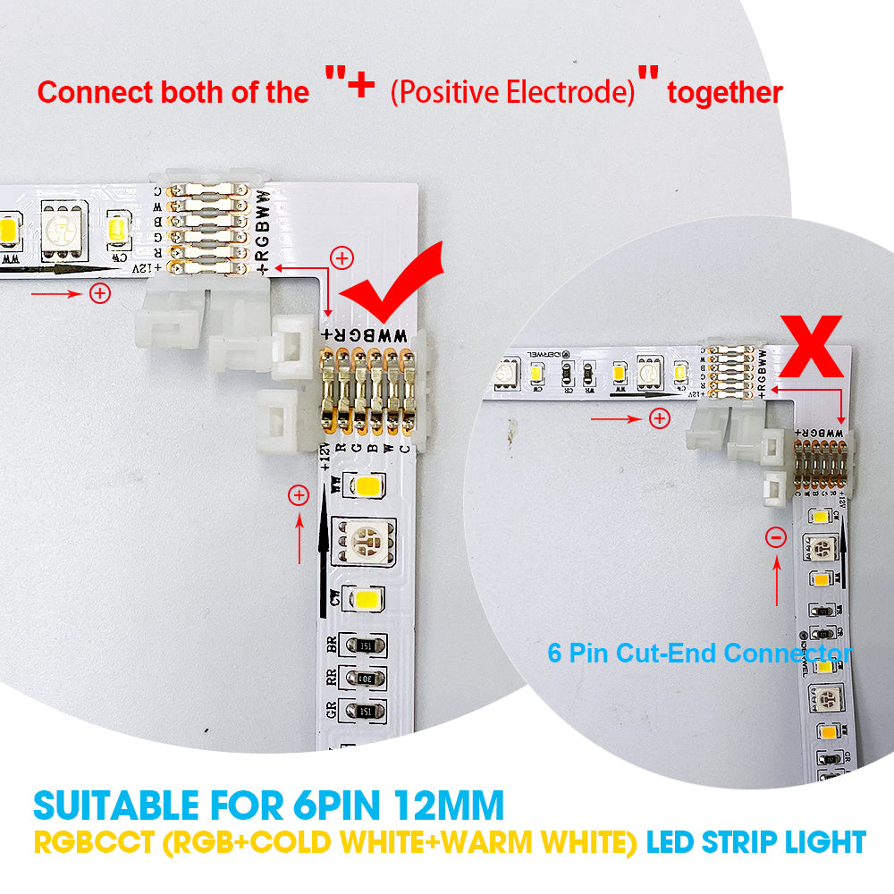 RGBWW 6 Pins LED Strip Connectors L Shape Right Angle Corner Solderless Connector for LED Lightstrip Plus V3/RGBCCT LED Strips