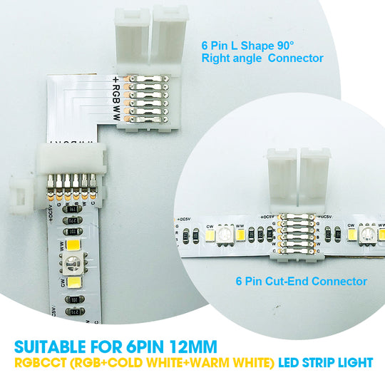 RGBWW 6 Pins LED Strip Connectors L Shape Right Angle Corner Solderless Connector for LED Lightstrip Plus V3/RGBCCT LED Strips