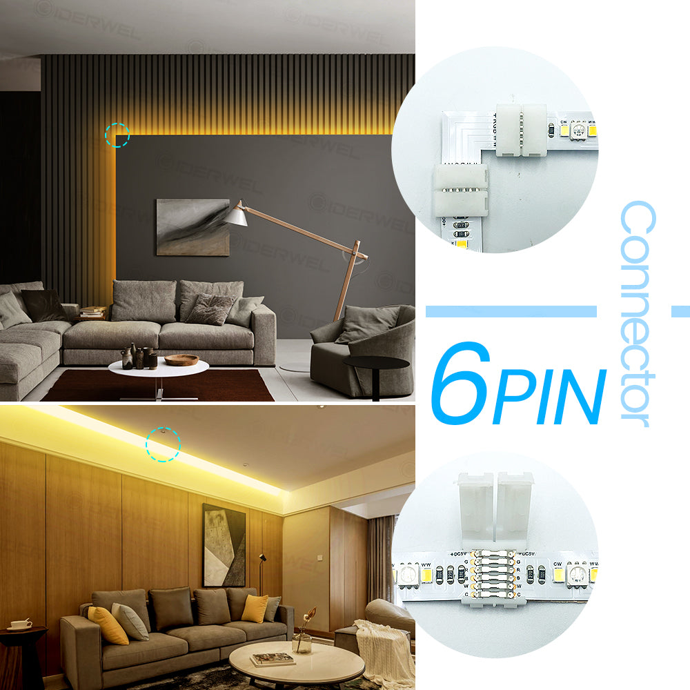 RGBWW 6 Pins LED Strip Connectors L Shape Right Angle Corner Solderless Connector for LED Lightstrip Plus V3/RGBCCT LED Strips