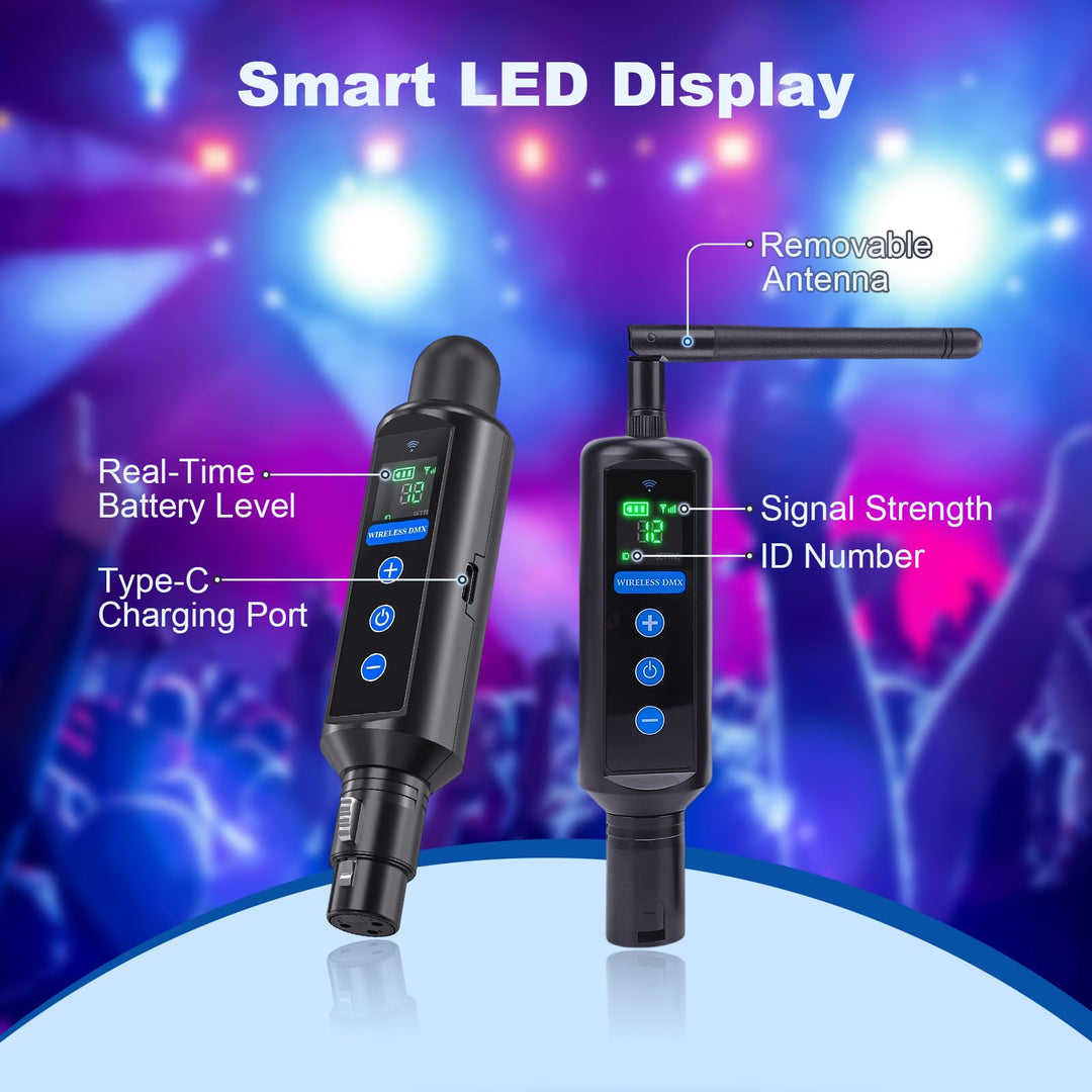 1T6R Long-Distance Wireless Signal Touch Screen DMX512 Receiver(Built in battery) and Transmitter with Storage box Features 126 Frequency Channels and 20 ID Groups