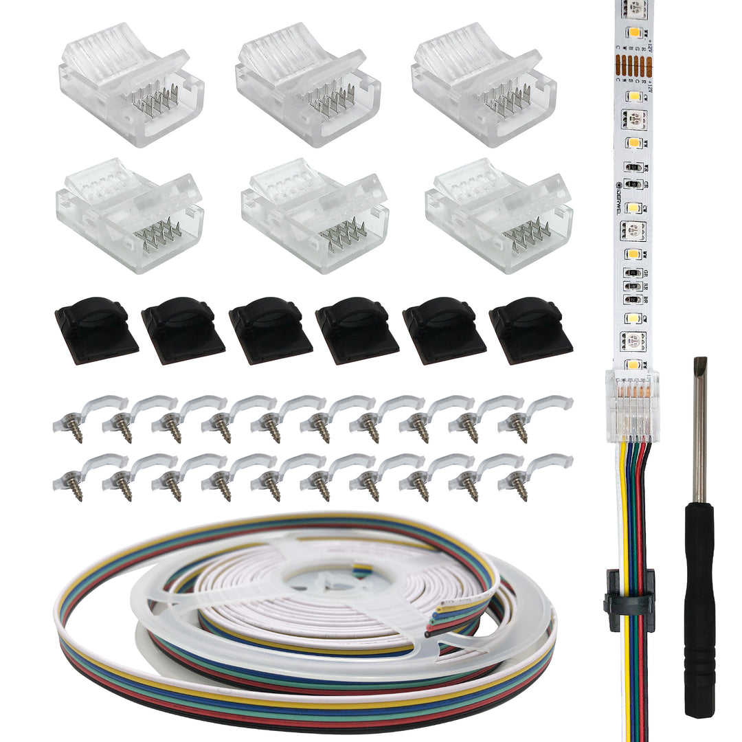 Installation Tools Kit RGBWW 6 Pin LED Strip Connectors with 16.4ft Extension Cable and 12mm LED Strip RGBCW to Wire Solderless Transparent Track Lighting Connector