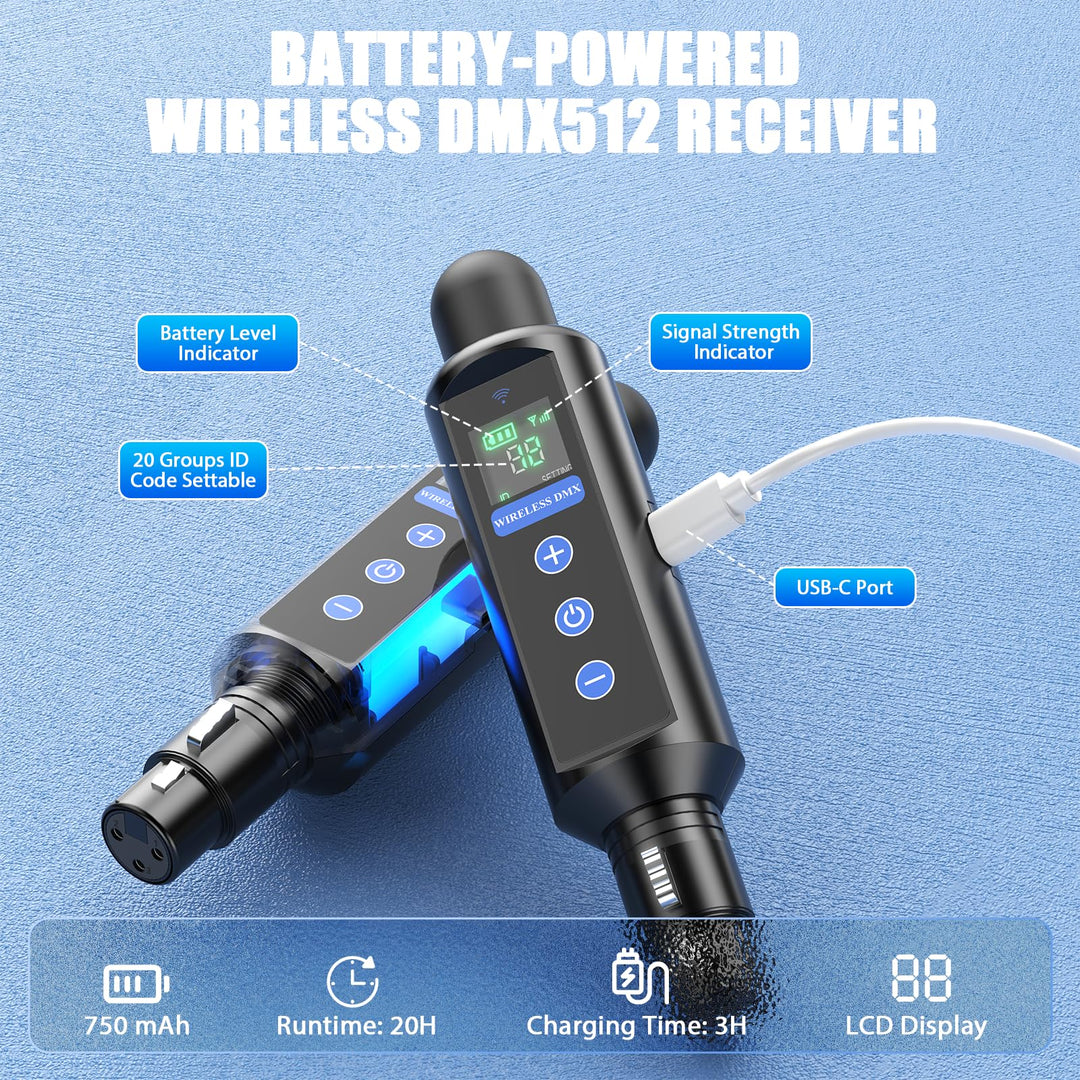 1T3R Long-Distance Wireless Signal Touch Screen DMX512 Receiver(Built in battery) and Transmitter with Storage box Features 126 Frequency Channels and 20 ID Groups