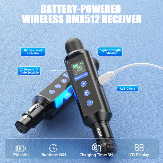 1T3R Long-Distance Wireless Signal Touch Screen DMX512 Receiver(Built in battery) and Transmitter with Storage box Features 126 Frequency Channels and 20 ID Groups