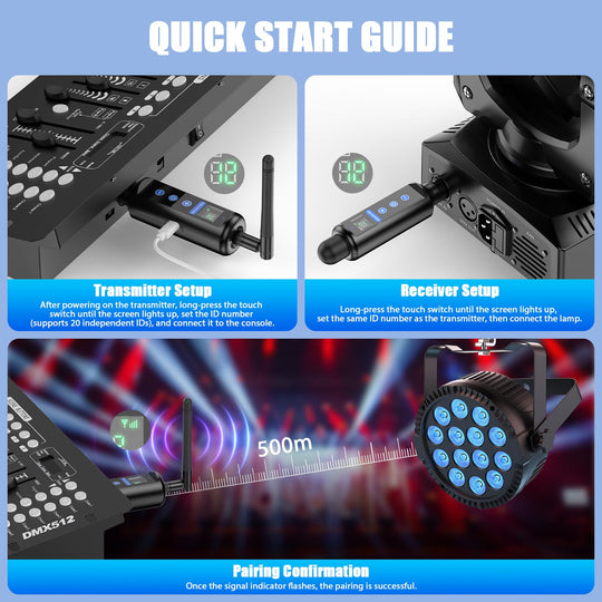 1T3R Long-Distance Wireless Signal Touch Screen DMX512 Receiver(Built in battery) and Transmitter with Storage box Features 126 Frequency Channels and 20 ID Groups