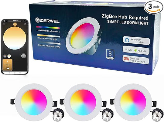 3 Packs ZigBee 3.0 Smart Retrofit Recessed Lighting 5″ inch RGBWW LED Downlight works with Alexa Voice