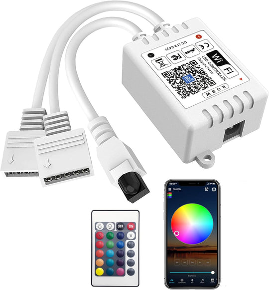 WiFi RGBW LED Controller 2-Output 5 Pin with 24-Key Remote, Compatible with Alexa & Google Assistant, Voice/APP Control Strip Lights for Android/iOS System(WiFi LED Controller)