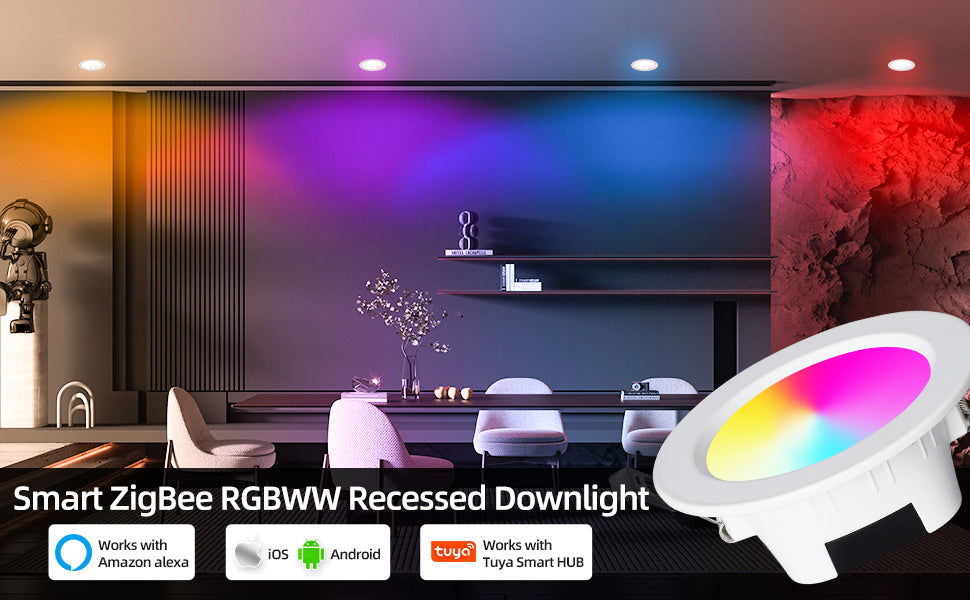 2 Packs 12W ZigBee 5 Inch RGBCW Recessed LED Downlight Works with Alexa, Google Assistant, Hub App and Voice Control,RGB CCT 3000K~6000K Color Changing
