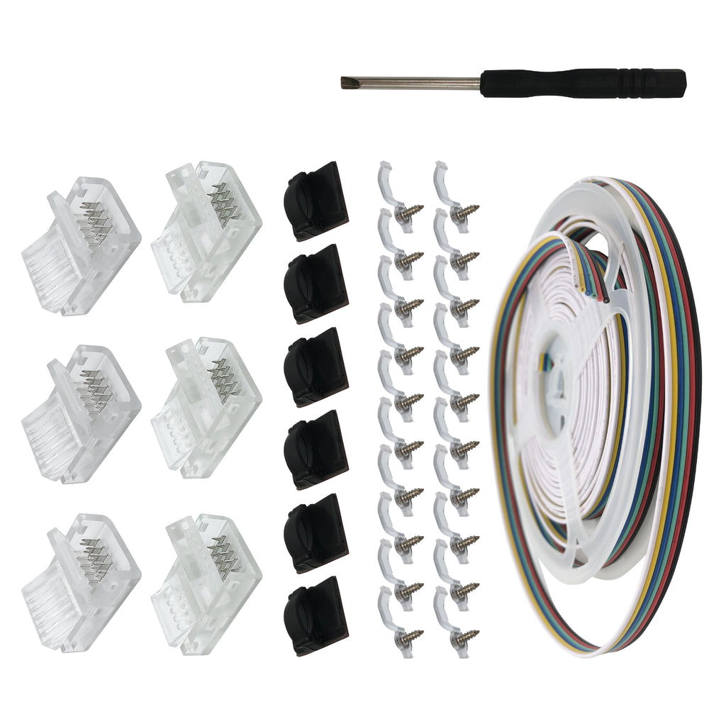 Installation Tools Kit RGBWW 6 Pin LED Strip Connectors with 16.4ft Extension Cable and 12mm LED Strip RGBCW to Wire Solderless Transparent Track Lighting Connector