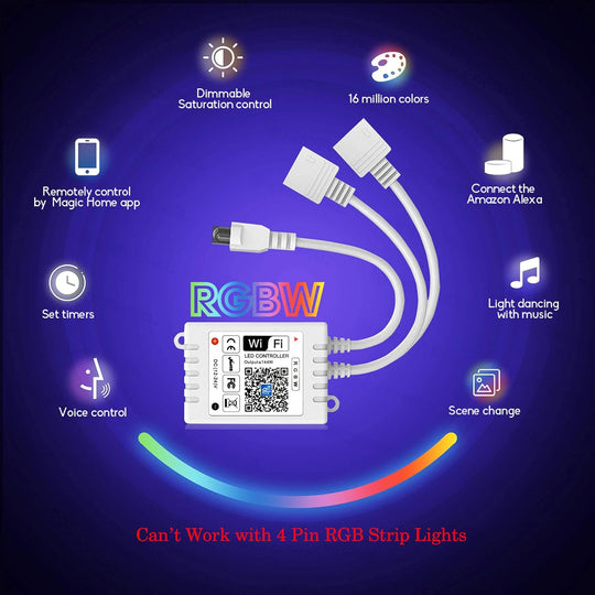 WiFi RGBW LED Controller 2-Output 5 Pin with 24-Key Remote, Compatible with Alexa & Google Assistant, Voice/APP Control Strip Lights for Android/iOS System(WiFi LED Controller)