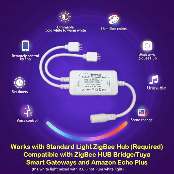 Smart ZigBee 10M RGB LED Strip Lights Kit Work with HUB Bridge Echo Plus