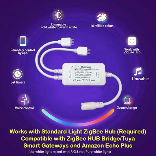 Smart ZigBee 10M RGB LED Strip Lights Kit Work with HUB Bridge Echo Plus