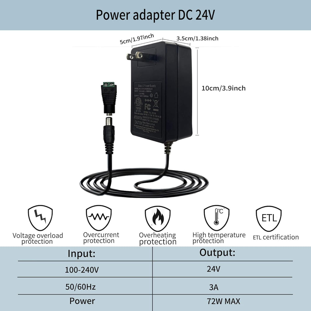24V 3A DC Power Supply for COB LED Strip Light,24v DC LED Light Adapter with 5.5x2.1mm DC Plug