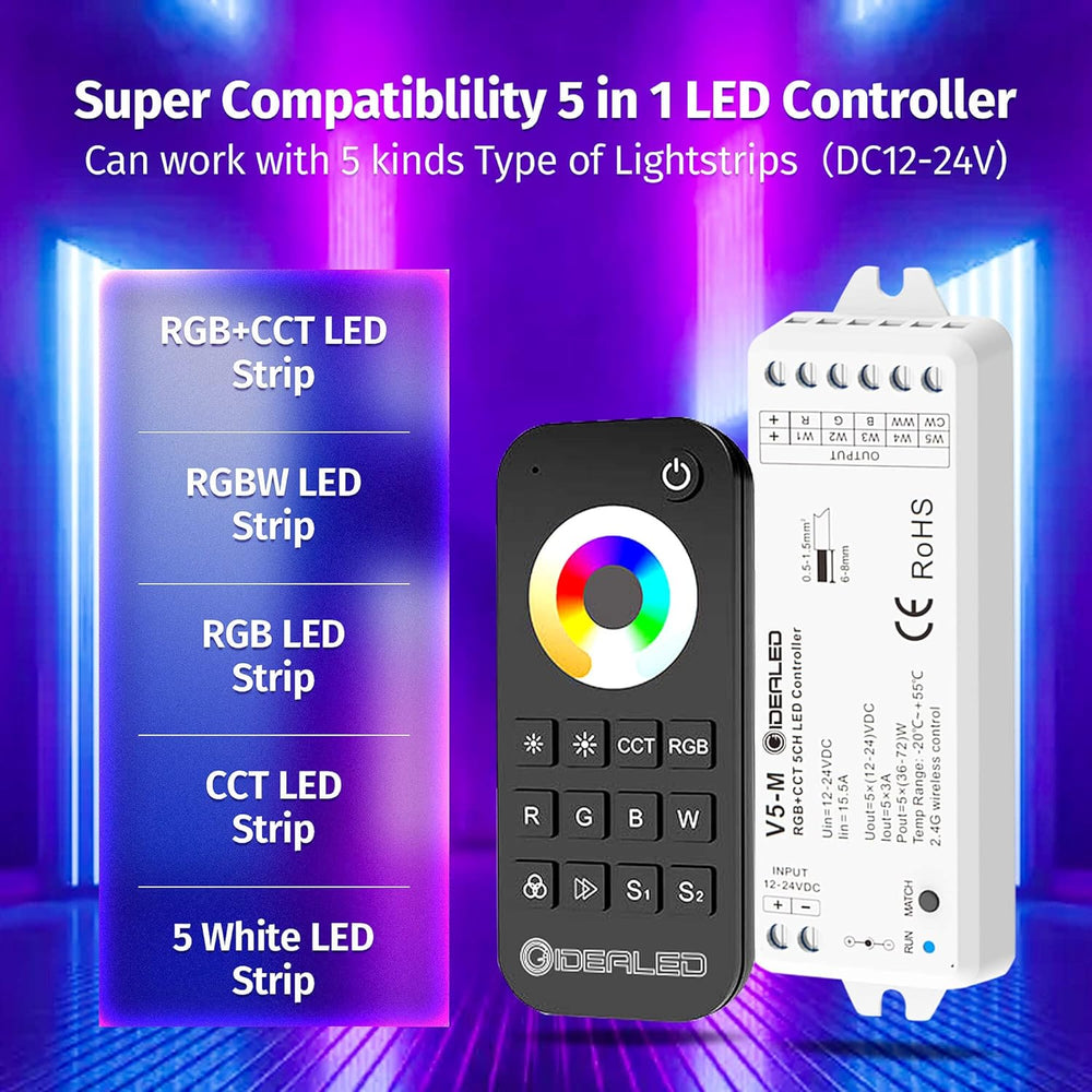 Wireless 5 Channel RGBCCT LED Strip Lights Controller with RF Remote Control Set