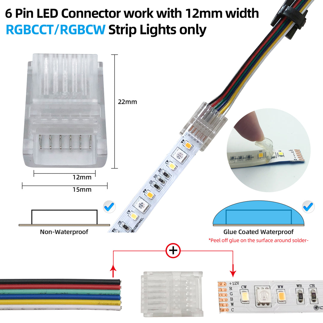 Installation Tools Kit RGBWW 6 Pin LED Strip Connectors with 16.4ft Extension Cable and 12mm LED Strip RGBCW to Wire Solderless Transparent Track Lighting Connector