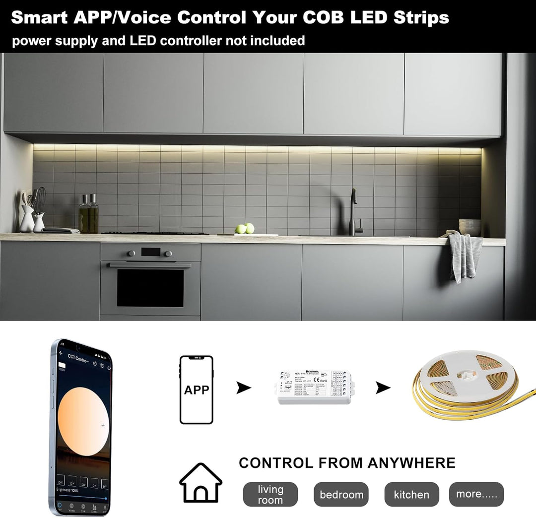 32.8ft 10M COB Daylight White LED Strip Light 4000K 24V Only