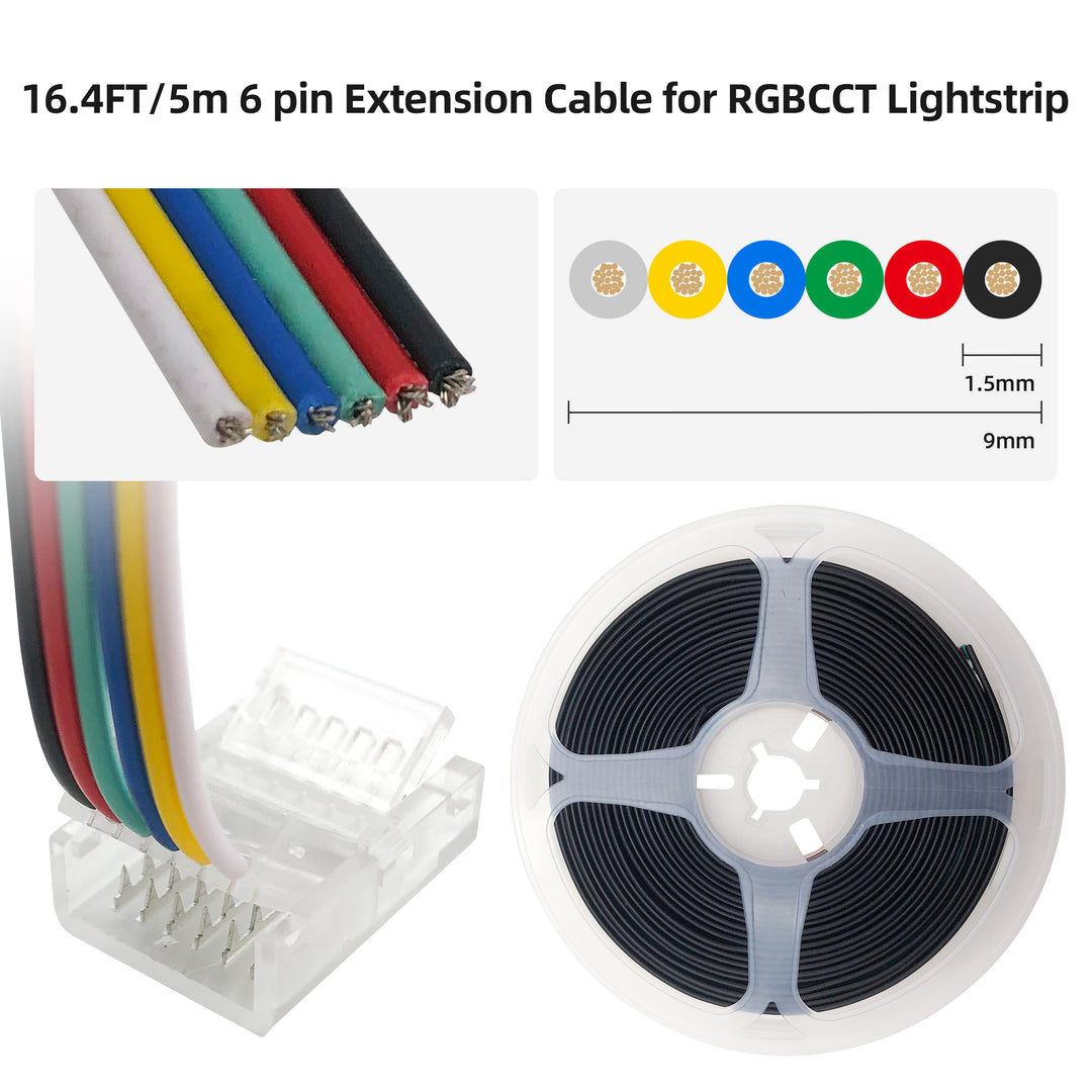 Installation Tools Kit RGBWW 6 Pin LED Strip Connectors with 16.4ft Extension Cable and 12mm LED Strip RGBCW to Wire Solderless Transparent Track Lighting Connector