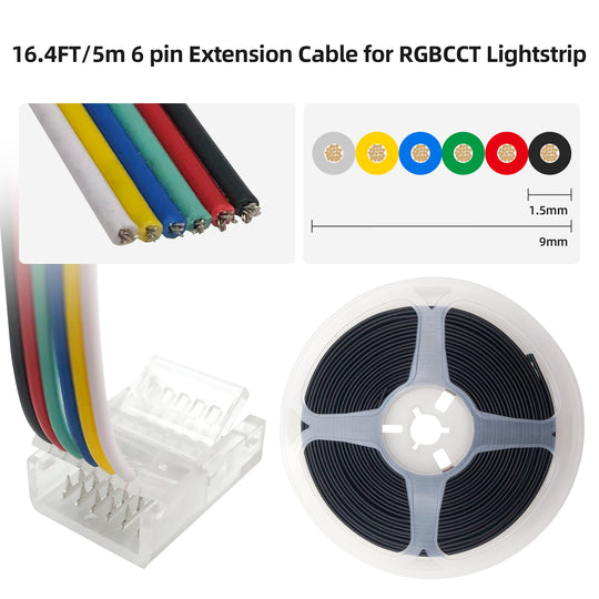 Installation Tools Kit RGBWW 6 Pin LED Strip Connectors with 16.4ft Extension Cable and 12mm LED Strip RGBCW to Wire Solderless Transparent Track Lighting Connector