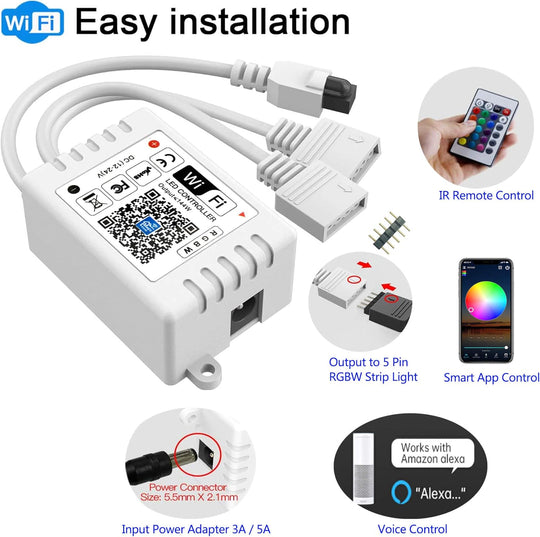 WiFi RGBW LED Controller 2-Output 5 Pin with 24-Key Remote, Compatible with Alexa & Google Assistant, Voice/APP Control Strip Lights for Android/iOS System(WiFi LED Controller)