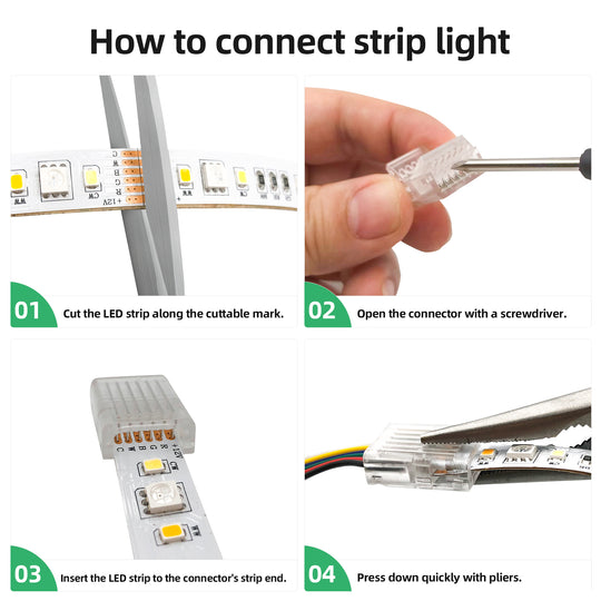 Installation Tools Kit RGBWW 6 Pin LED Strip Connectors with 16.4ft Extension Cable and 12mm LED Strip RGBCW to Wire Solderless Transparent Track Lighting Connector