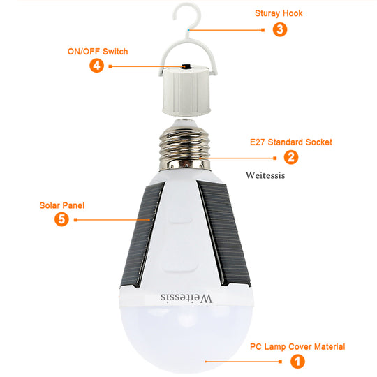 Weitessi Outdoor Lighting Waterproof Solar Bulb 7W Rechargeable E27 LED Bulb Portable Solar Lamp Energy Saving Camping Light