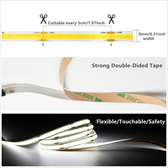 32.8ft 10M COB Daylight White LED Strip Light 4000K 24V Only