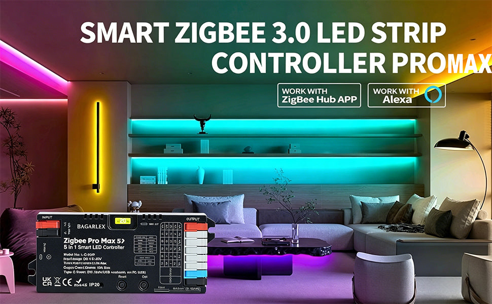 Pro Max ZigBee 3.0 LED Controller 5 in 1, Hub APP/Alexa Voice Control RGBWW RGBW RGB CCT COB LED Light Strip Color Changing,1%~100% Dimmable,Require ZigBee Hub Bridge