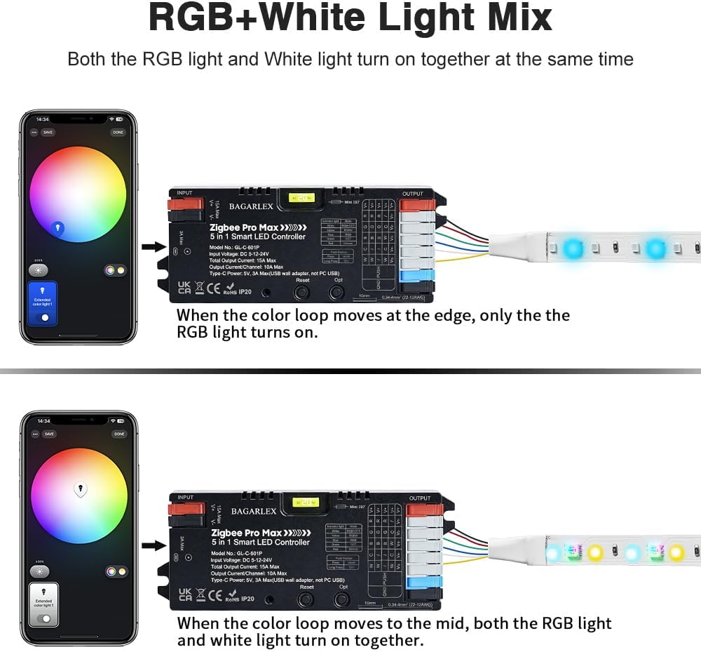 Pro Max ZigBee 3.0 LED Controller 5 in 1, Hub APP/Alexa Voice Control RGBWW RGBW RGB CCT COB LED Light Strip Color Changing,1%~100% Dimmable,Require ZigBee Hub Bridge