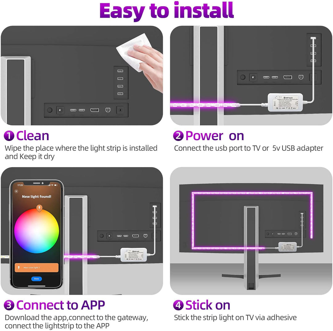 ZigBee Controller USB Power RGBWW LED Strip Light 9.8ft 3M Dimmable Kit, ZigBee Hub Bridge Required for APP/Voice Control Alexa Echo Plus