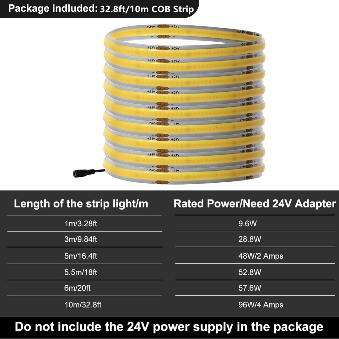 32.8ft 10M COB Cool White LED CRI 90 Flexible FCOB Strip Light 6000K 24V Only