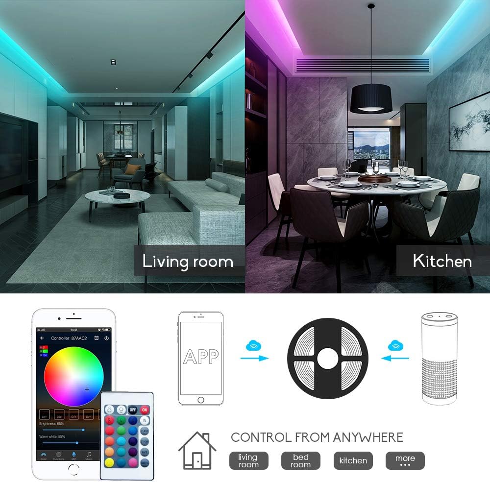 WiFi RGBW LED Controller 2-Output 5 Pin with 24-Key Remote, Compatible with Alexa & Google Assistant, Voice/APP Control Strip Lights for Android/iOS System(WiFi LED Controller)