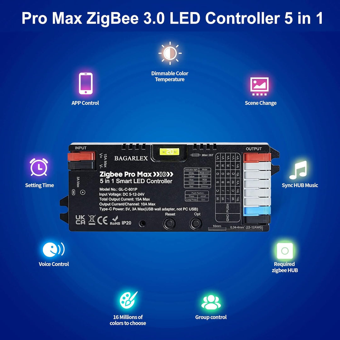 Pro Max ZigBee 3.0 LED Controller 5 in 1, Hub APP/Alexa Voice Control RGBWW RGBW RGB CCT COB LED Light Strip Color Changing,1%~100% Dimmable,Require ZigBee Hub Bridge