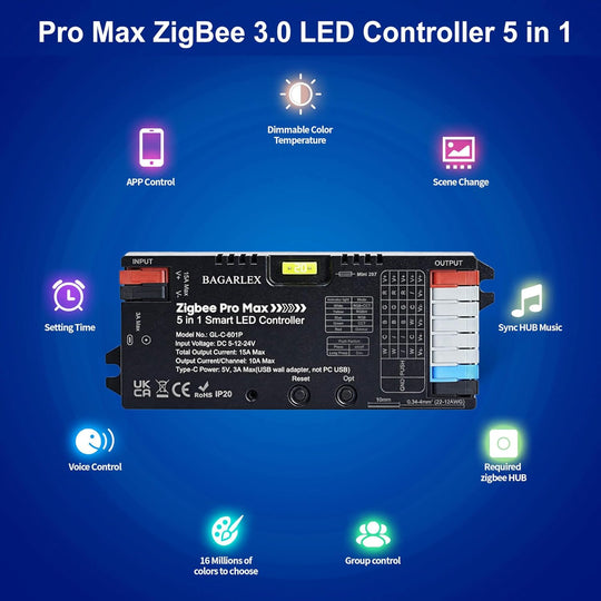 Pro Max ZigBee 3.0 LED Controller 5 in 1, Hub APP/Alexa Voice Control RGBWW RGBW RGB CCT COB LED Light Strip Color Changing,1%~100% Dimmable,Require ZigBee Hub Bridge