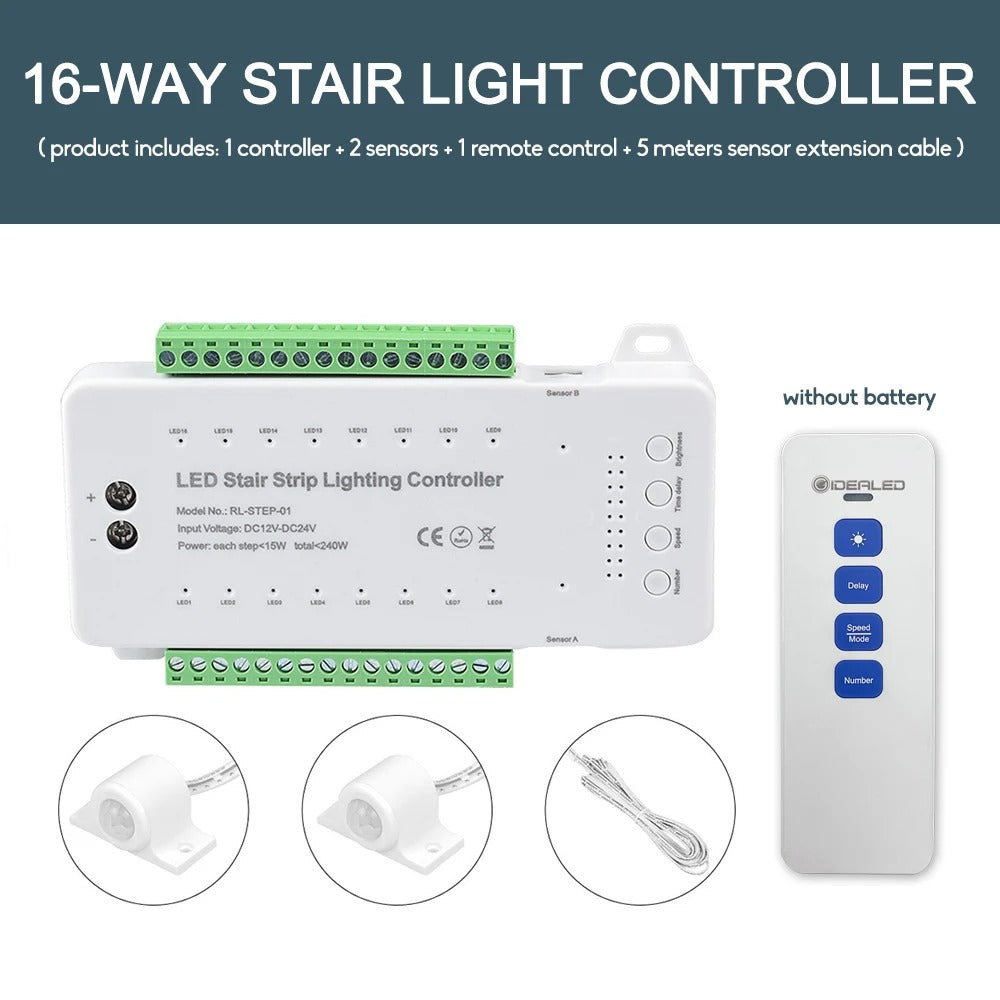 16-way LED Stair Step Controller PIR Motion Sensor Light Dimming Indoor Motion Night light 12V/24V Flexible Home Ambient Light