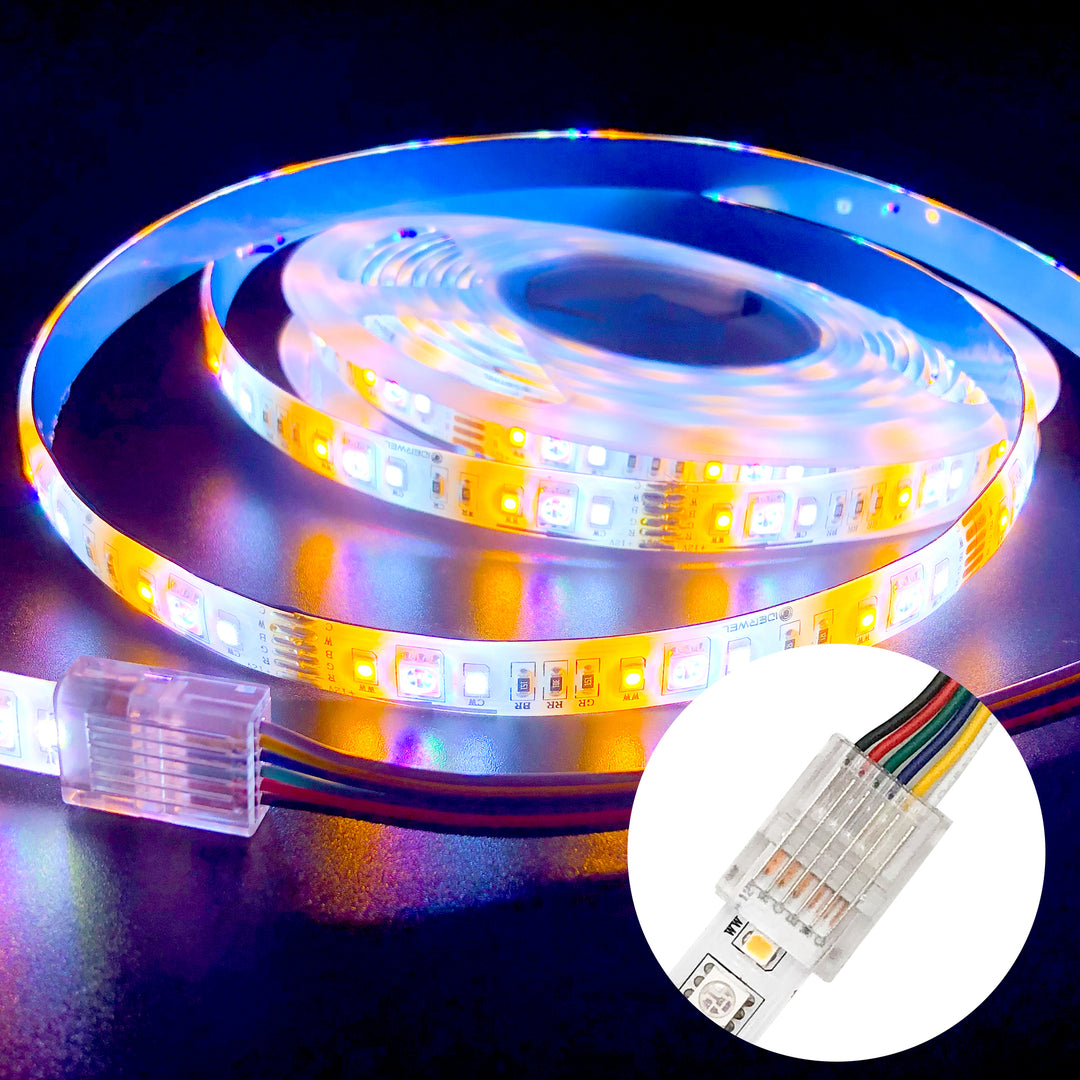 Installation Tools Kit RGBWW 6 Pin LED Strip Connectors with 16.4ft Extension Cable and 12mm LED Strip RGBCW to Wire Solderless Transparent Track Lighting Connector