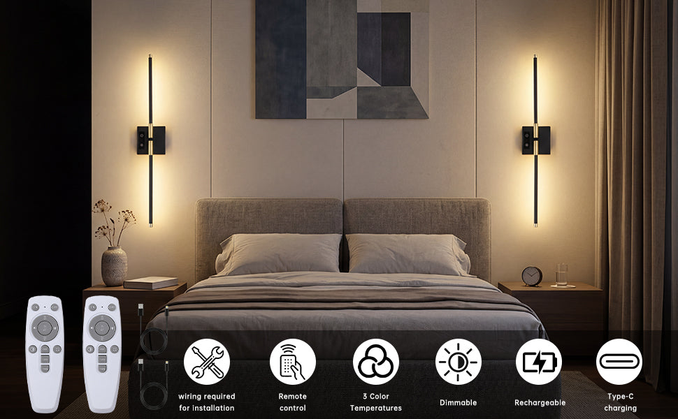 2 Pcs Black Dimmable 3000K-6000K Magnetic 360° DIY Rotate Rechargeable Battery OperatedLED Wall Lamp with Remote,Cordless Night Light Decor Light for Hallway, Living Room,Bedroom