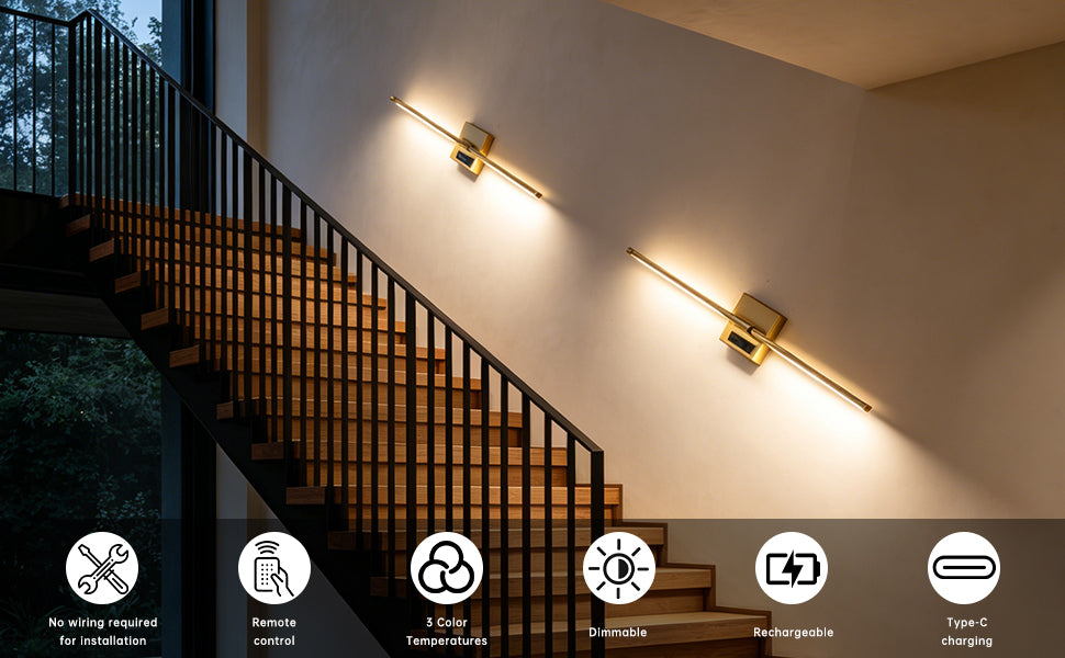 2 PCS Battery Operated Wall Sconce of 2,Dimmable 3000K-6000K Magnetic 360° DIY Rotate Rechargeable LED Wall Lamp with Remote,Cordless Night Light Decor Light for Hallway, Living Room,Bedroom,Gold