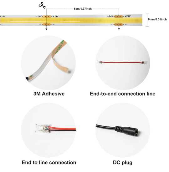 DC 24V COB White LED Strip Lights 16.4ft 5M 4000K