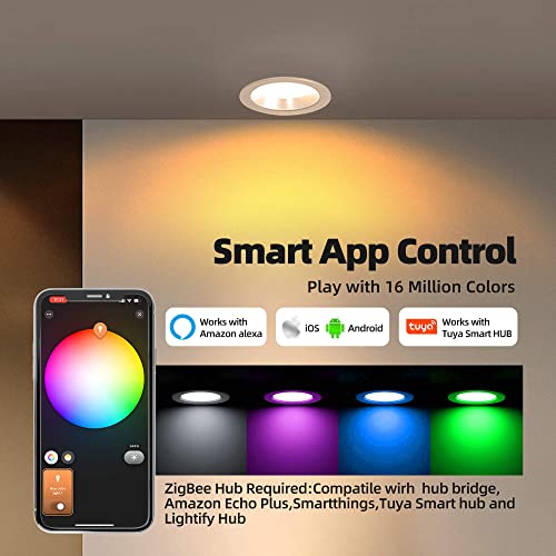 2 Packs 12W ZigBee 5 Inch RGBCW Recessed LED Downlight Works with Alexa, Google Assistant, Hub App and Voice Control,RGB CCT 3000K~6000K Color Changing